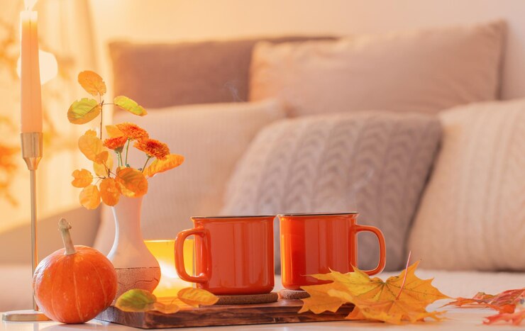 Two orange cups with hot drink in autumnal light interior