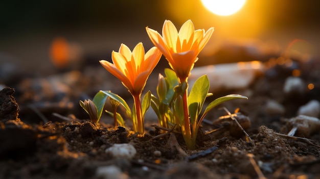 two orange flowers growing in the dirt with the sun in the background