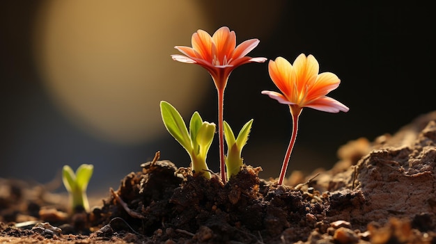 Foto due fiori d'arancio che crescono dal terreno