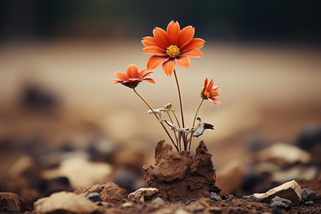 地面の穴から生えている2つのオレンジ色の花