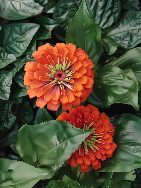 Photo two orange flowers with green leaves around them in a garden area of some sort with a green