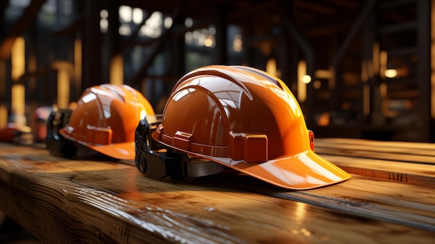 Two orange hard hats sit on a wooden table in front of an out of focus industrial background