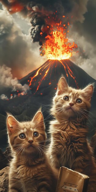 Photo two orange kittens gaze at a raging volcano