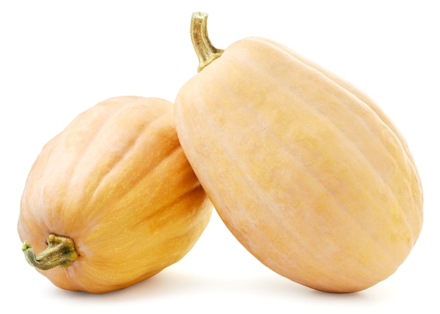 Two orange pumpkins close-up on a white background. Isolated