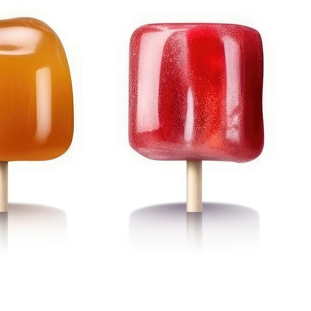 Two orange and red lollipops on a stick, one of which is orange and red.