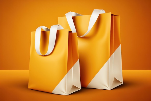 Two orange shopping bags on an orange background Generative AI