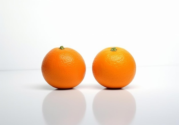 Two oranges are on a white surface with a white background.