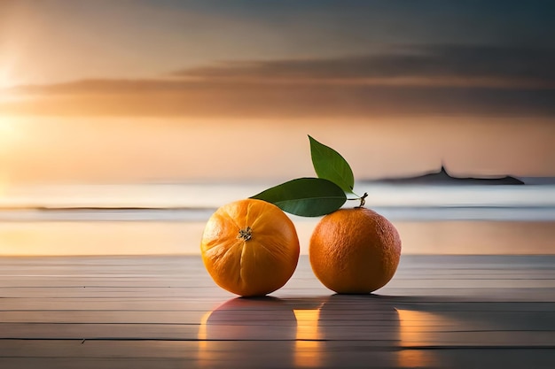 写真 夕日を背景にビーチにある 2 つのオレンジ。