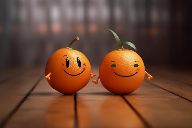 Two oranges sit on a wooden floor one of which has the word orange on it