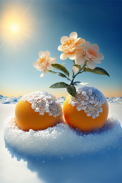 Two oranges sitting on top of snow covered ground generative ai