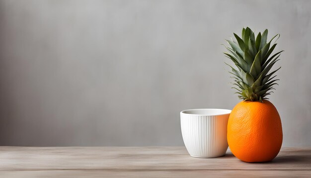 two oranges and two cups on a table with one that has a pineapple on it