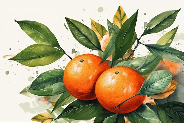 Two oranges with leaves on a branch Generative AI