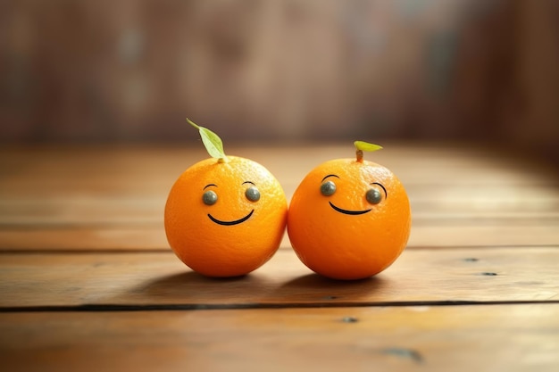 Two oranges with smiley faces sit on a wooden table.