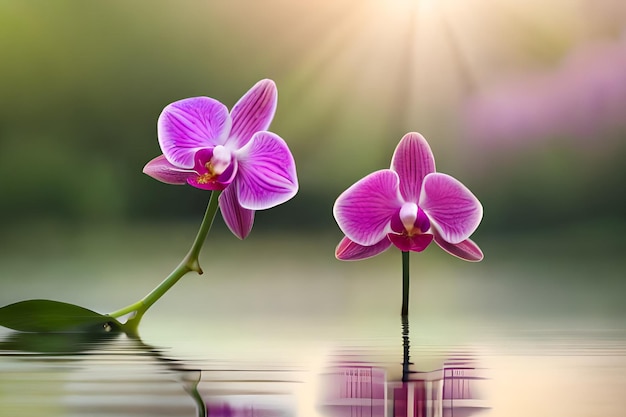 Two orchids on a reflective surface with the sun shining on them.