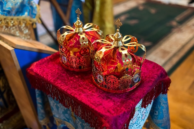 Two Orthodox Wedding Ceremonial Crowns Ready for Ceremony