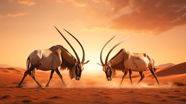 Two oryx oryx in the desert of dubai uae