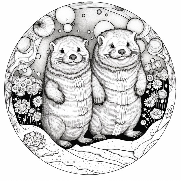 two otters are standing in a circle with bubbles and flowers generative ai