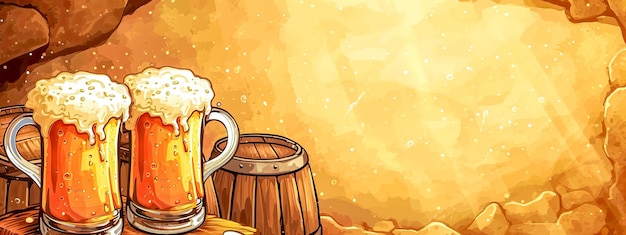 Two overflowing beer mugs with a wooden barrel on an illustrated background resembling a cave with