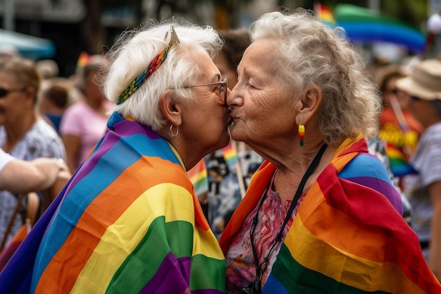 Two overweight 65 years old lesbian women kissing in gay pride parade with LGTBI flags