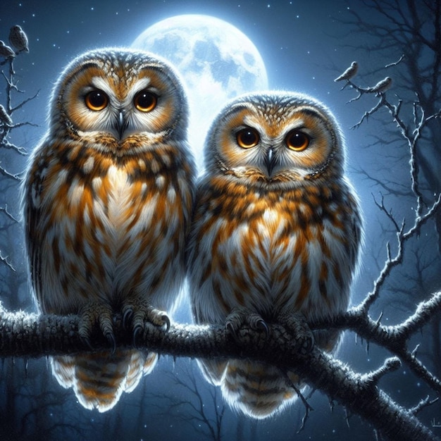 two owls are sitting on a tree branch with a full moon in the background