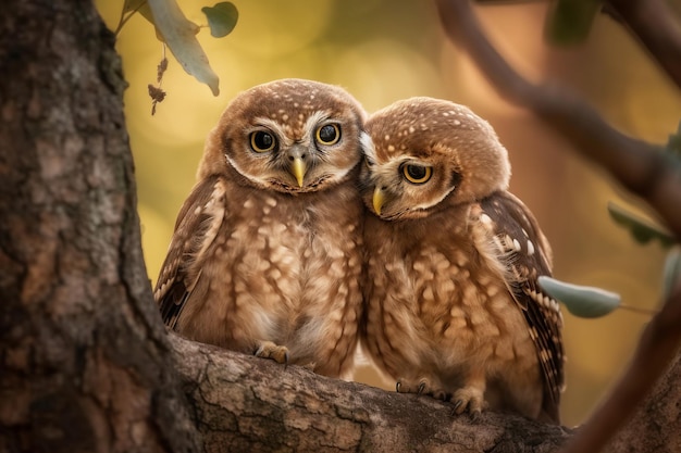 Two owls are sitting in a tree, one of which is called the song.