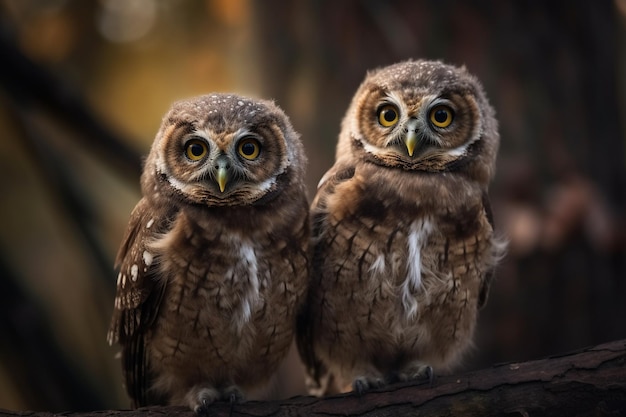 Two owls are standing together, one has a yellow eye.