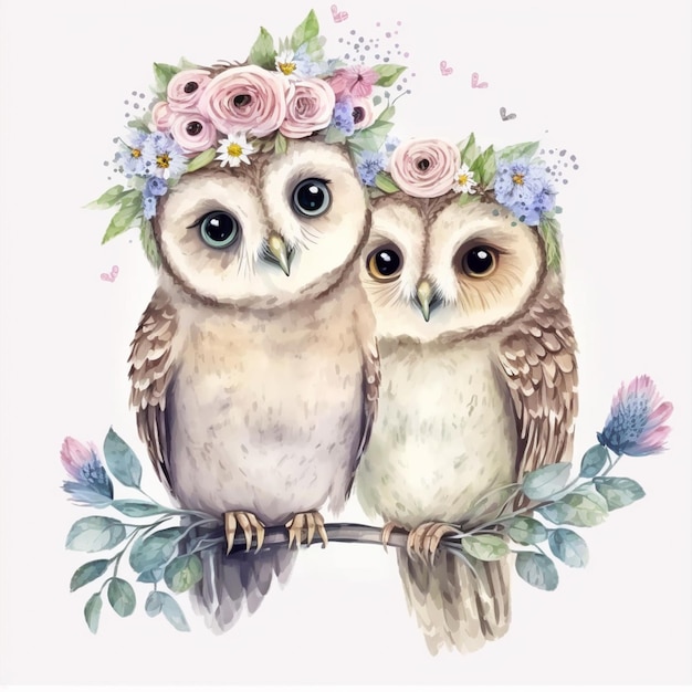 Two owls on a branch with flowers.