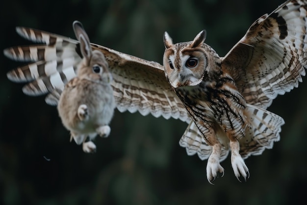 Two owls in flight soaring through the air with wings outstretched An owl silently swooping down on an unsuspecting rabbit AI Generated