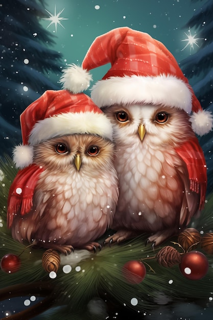 Two owls in Santa Claus hats on the background of a Christmas tree