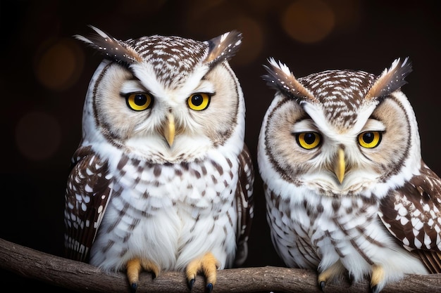 Two owls sit on a branch, one of which is yellow and the other is yellow