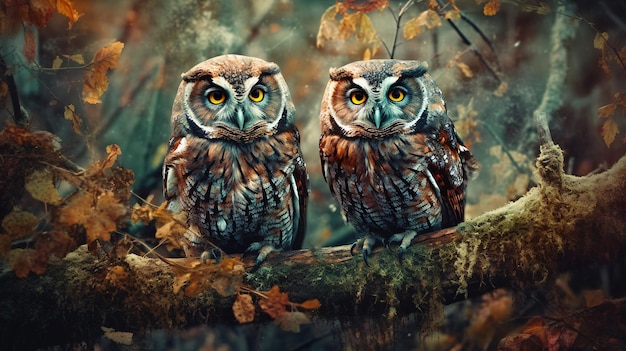 Two owls sitting on a branch in a forest