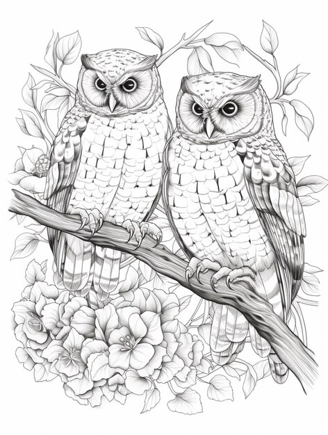 Photo two owls sitting on a branch with flowers and leaves generative ai