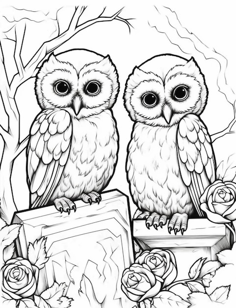 two owls sitting on a grave with roses and leaves generative ai