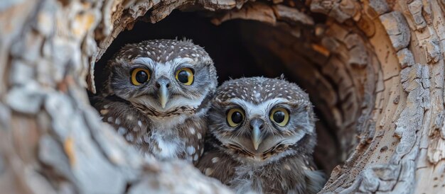 Two Owls in Tree Hollow