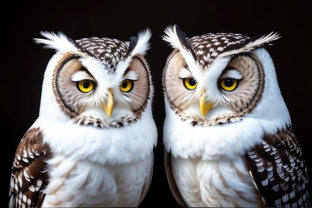 Photo two owls with yellow eyes and a black background