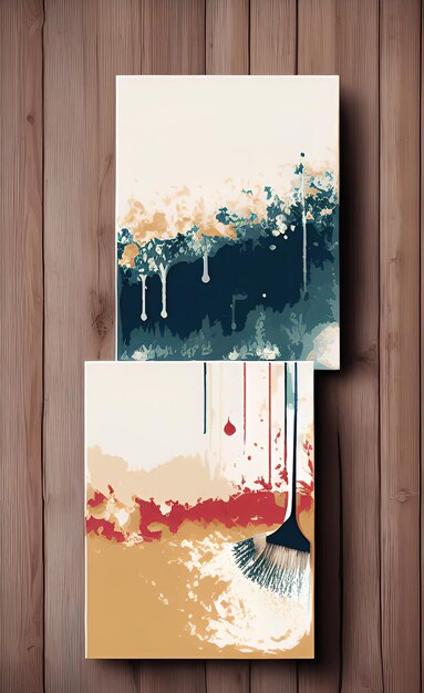 Photo two paintings with paint brushes on a wooden background