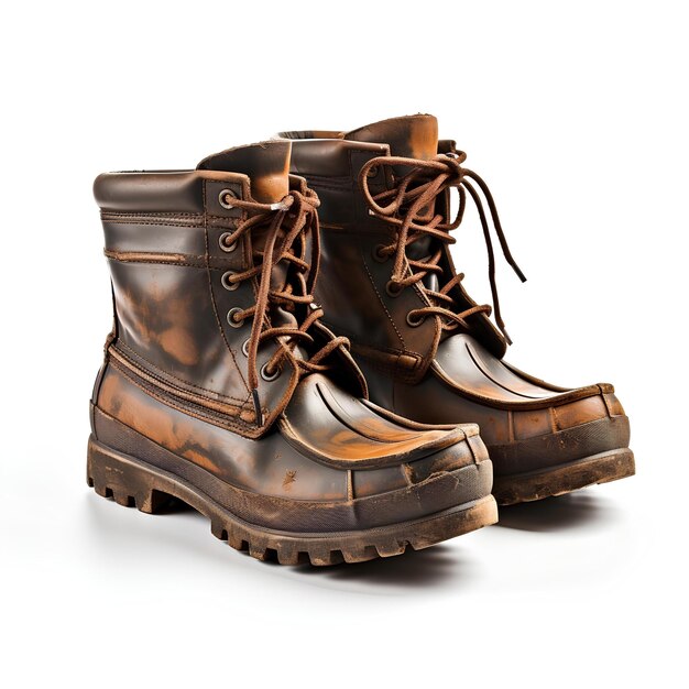 Two pairs of brown leather boots are sitting on a white background