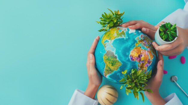 Two pairs of hands hold a globe or globe with green plants on an aqua color background World Health