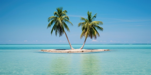 two palm trees on an island in the middle of the ocean