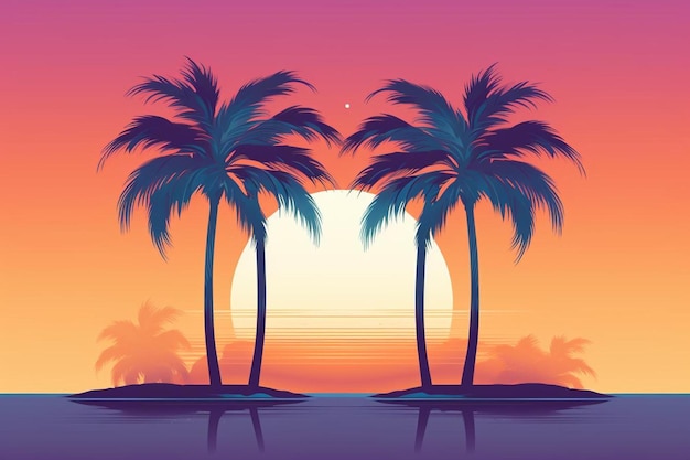 two palm trees stand in front of a sunset