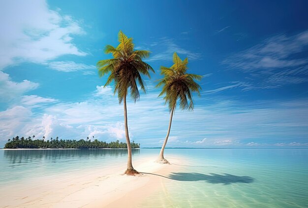 Two palm trees on a white sandy beach