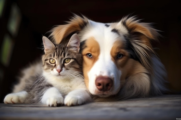 Два приятеля, австралийская овчарка и кошка