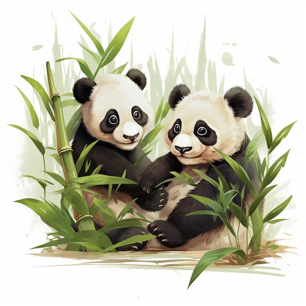 two panda cubs among bamboo