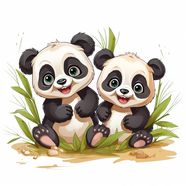 two panda cubs among bamboo