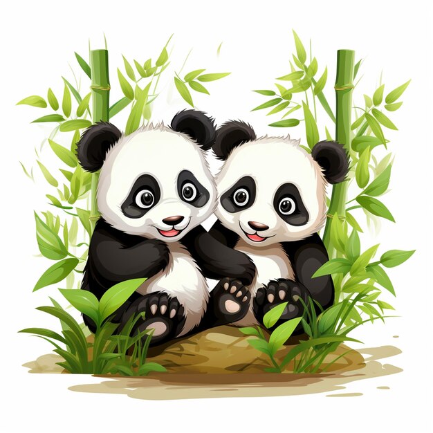 two panda cubs among bamboo