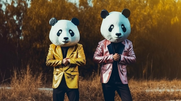 Foto due maschere di panda si trovano di fronte a una foresta.
