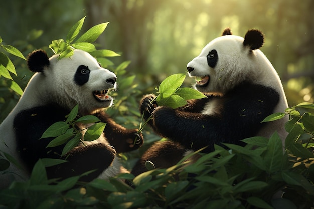 two pandas are playing in the jungle one of them has a green plant in the middle