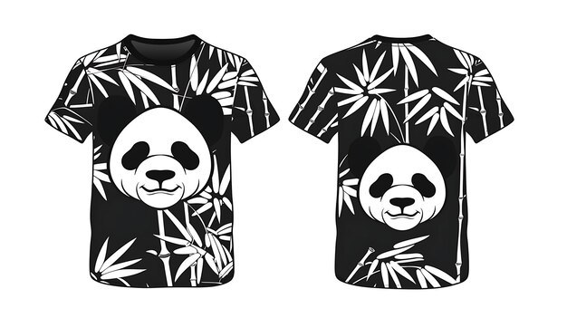 Foto due panda con il bambù su di loro e uno che indossa una camicia bianca e nera