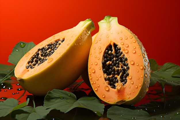 Two papayas on an orange background