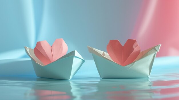 two paper boats with hearts inside the boat